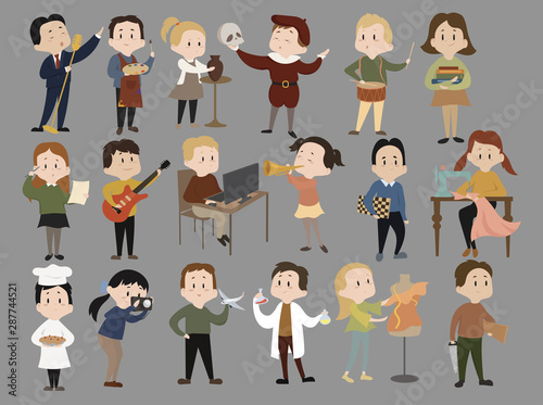 Set of sections for children. Collection of cute children learning a profession. Vector illustration of educational classes for schoolchildren. Cartoon characters.