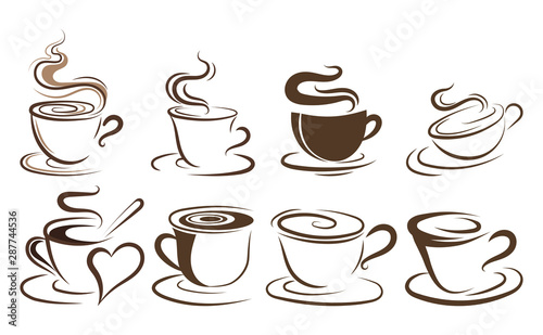Set of cups of coffee. Collection of stylized coffee cups. Vector illustration of hot drinks. Logos for coffee shops.