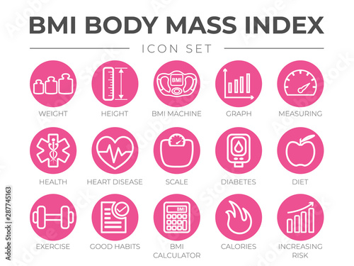 BMI Body Mass Index Round Outline Icon Set of Weight, Height, BMI Machine, Graph, Measuring, Health, Heart Disease, Scale, Diabetes, Diet, Exercise, Habits, BMI Calculator, Calories and Risk Icons.