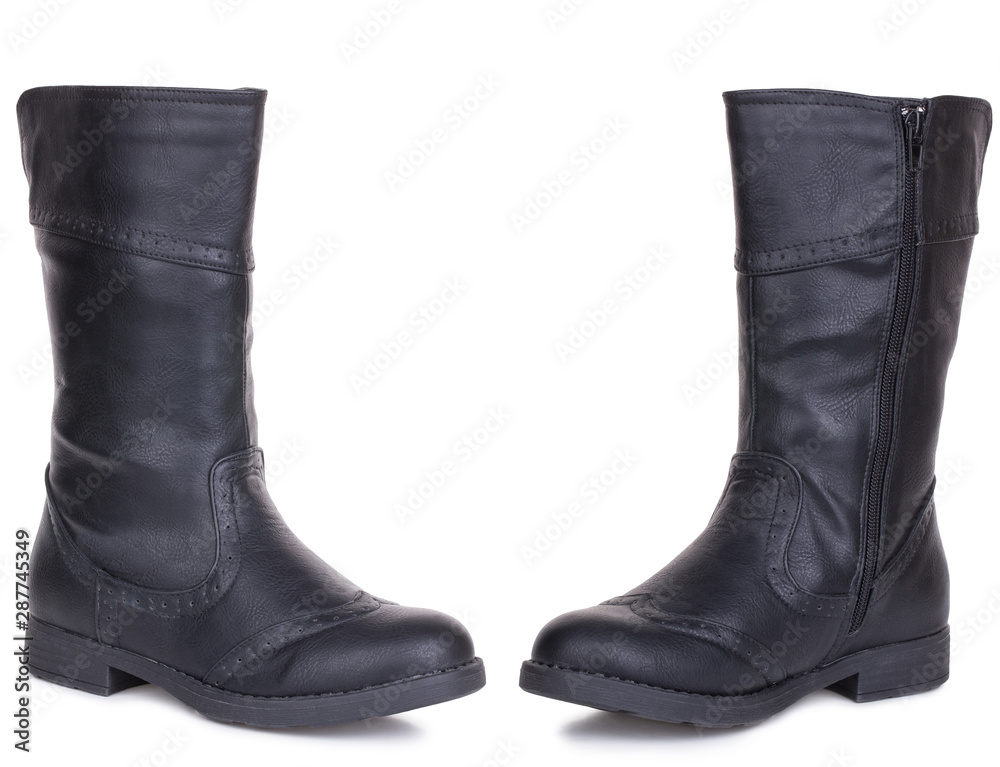 Classic black glossy leather high knee flat heels female boots. Two isolated