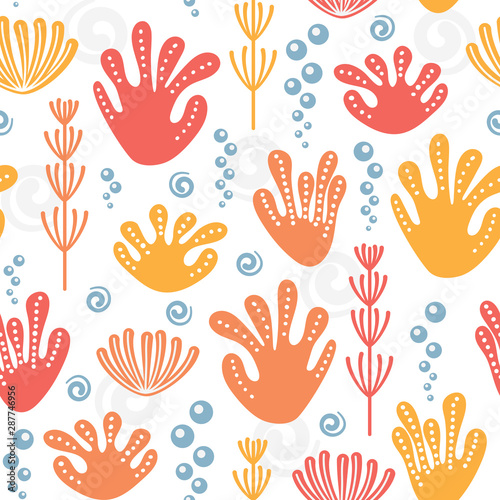 Fun seamless repeat pattern with colorful corals, seaweed, bubbles and spirals. Positive marine endless background. © Jelena
