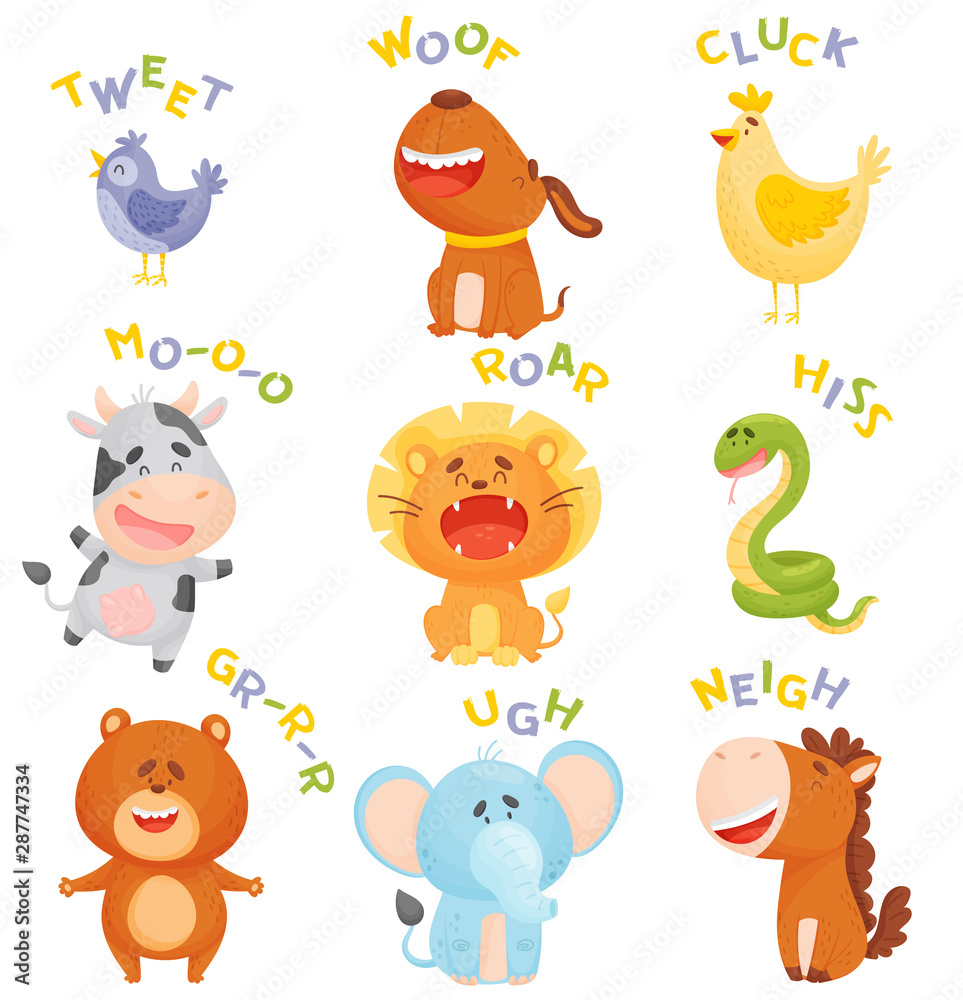 Set of animals with inscriptions. Vector illustration on a white background.