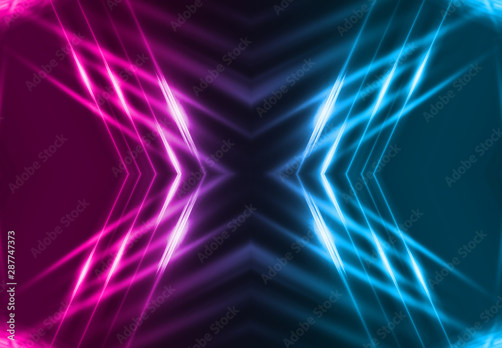 Dark abstract futuristic background. Neon lines, glow. Neon lines, shapes. Pink and blue glow