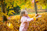 Cute little girl with missing teeth playing with yellow fallen leaves in autumn forest. Happy child laughing and smiling. Sunny autumn forest, sun beam. 