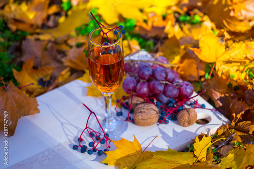Fototapeta Naklejka Na Ścianę i Meble -  white wine glass on a desk among a red dry leaves and vine berries