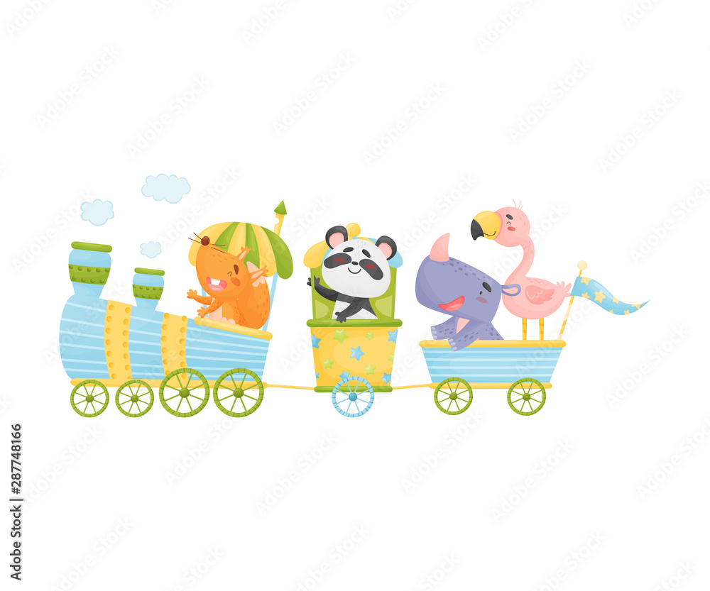 Squirrel, panda, flamingo and rhino ride a train. Vector illustration on a white background. Squirrel, panda, flamingo and rhino ride a train. Vector illustration on a white background.
