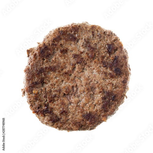 Fried all beef lean hamburger patty on a white background