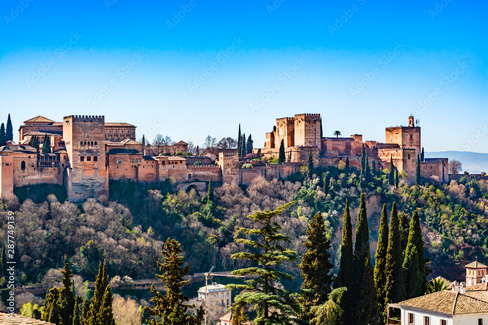 The Alhambra  fortress complex with the Nasrid Palaces and Generalife a UNESCO World Heritage Site in Granada, Andalusia, Spain