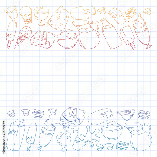 Milk, butter, cottage cheese, sour cream, cheese, yogurt, ice cream, cream. Vector pattern. Collection of dairy products.