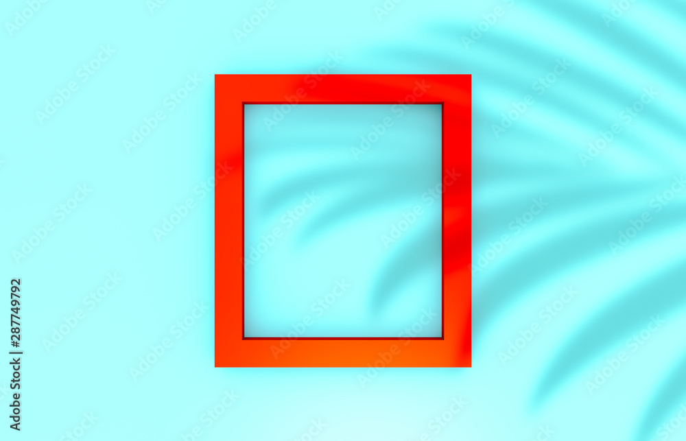 Natural beauty background with red frame and tropical leaves. 3d summer beauty top view background. Natural beauty background with red frame and tropical leaves. 3d summer beauty top view background.