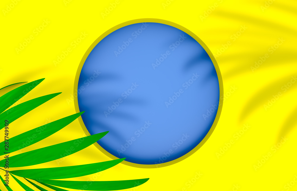 Natural beauty background with circle frame and tropical leaves. 3d summer beauty top view background. 