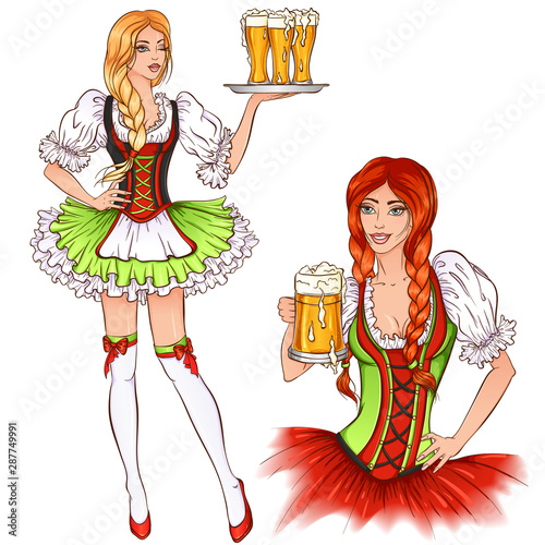 Vector color illustration of a beautiful two girls with a glass of beer in their hands. In traditional Oktoberfest clothing. Set isolated on a white background