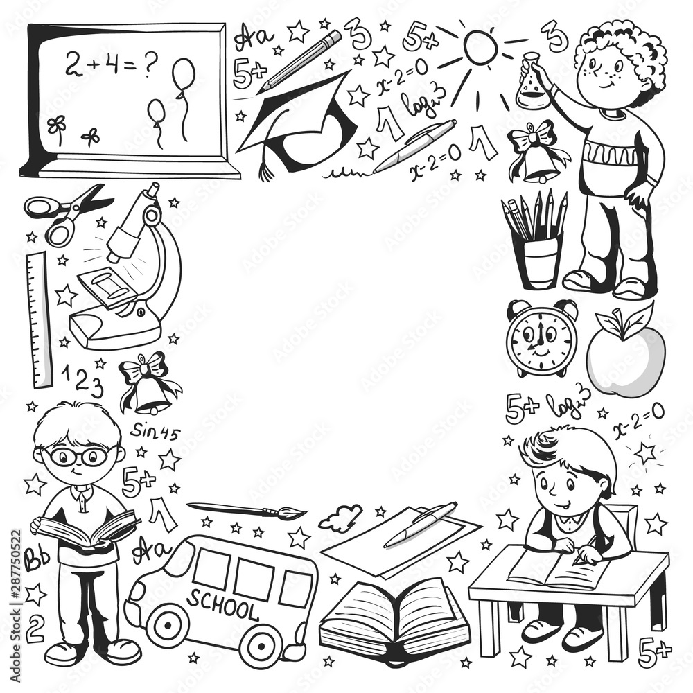 Vector pattern with little children. Back to school. Geography, geometry, mathematics, physics, chemistry, astronomy Vector pattern with little children. Back to school. Geography, geometry, mathematics, physics, chemistry, astronomy