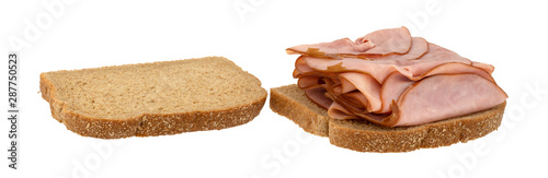 Thin sliced ham sandwich on a white background