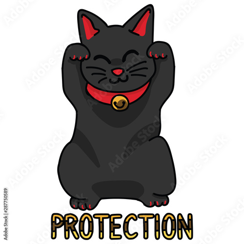 Cute black lucky cat vector. Hand drawn maneki neko Asian cultural clipart. 