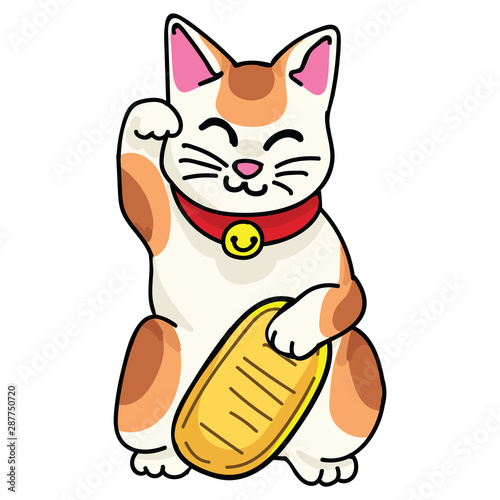 Cute lucky cat with coin vector. Hand drawn maneki neko traditional clipart. 