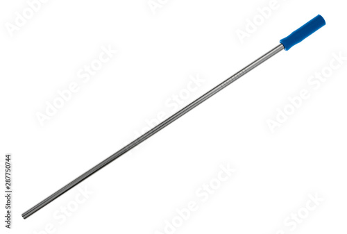 Straight stainless steel metal straw with a blue silicone straw tip on a white background