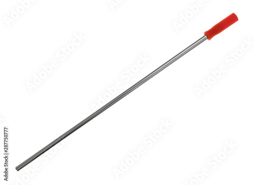 Straight stainless steel metal straw with an orange silicone straw tip on a white background