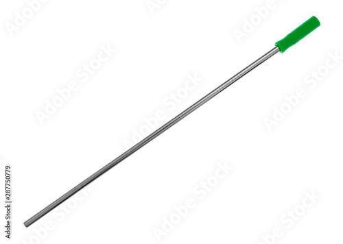Straight stainless steel metal straw with a green silicone straw tip on a white background