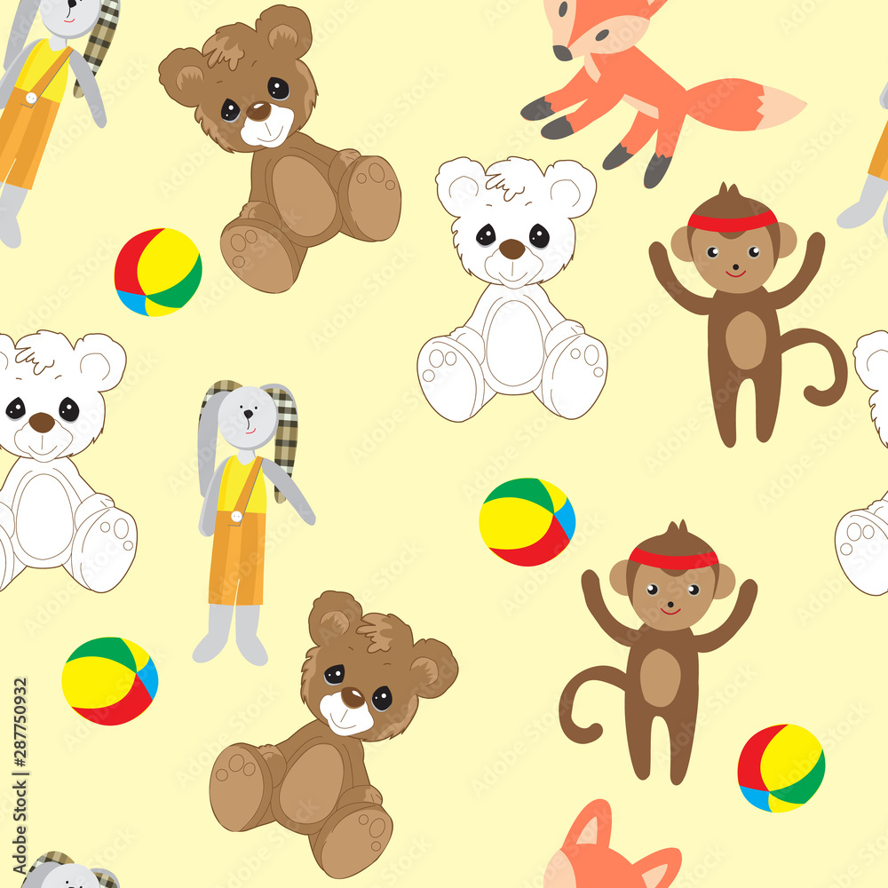 Bear, hare, Fox and monkey toys. Colorful seamless background of Teddy bears, hares, foxes and monkeys for girls and boys. It can be used for baby textiles, wrapping paper and baby room decoration. Bear, hare, Fox and monkey toys. Colorful seamless background of Teddy bears, hares, foxes and monkeys for girls and boys. It can be used for baby textiles, wrapping paper and baby room decoration.