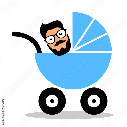 Infantile, immature and childish adult man is in a baby carriage. Males and immaturity. Vector illustration isolated on white.