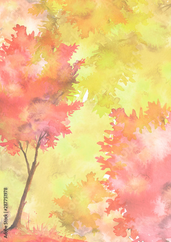 Watercolor autumn trees of yellow, red, orange color. Autumn forest. Watercolor art background with capacitance for your lettering or text. Beautiful splash of paint. Abstract creative background.