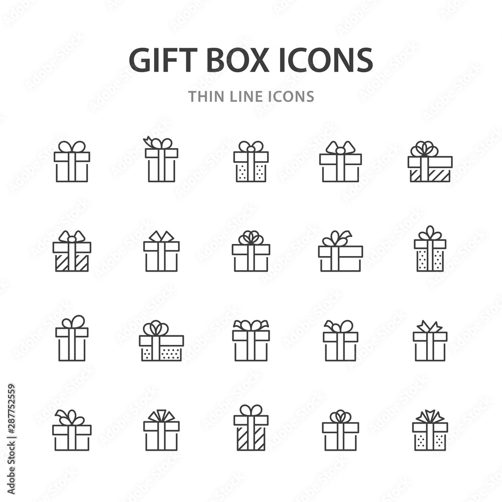 Set of 20 gift box line icons.