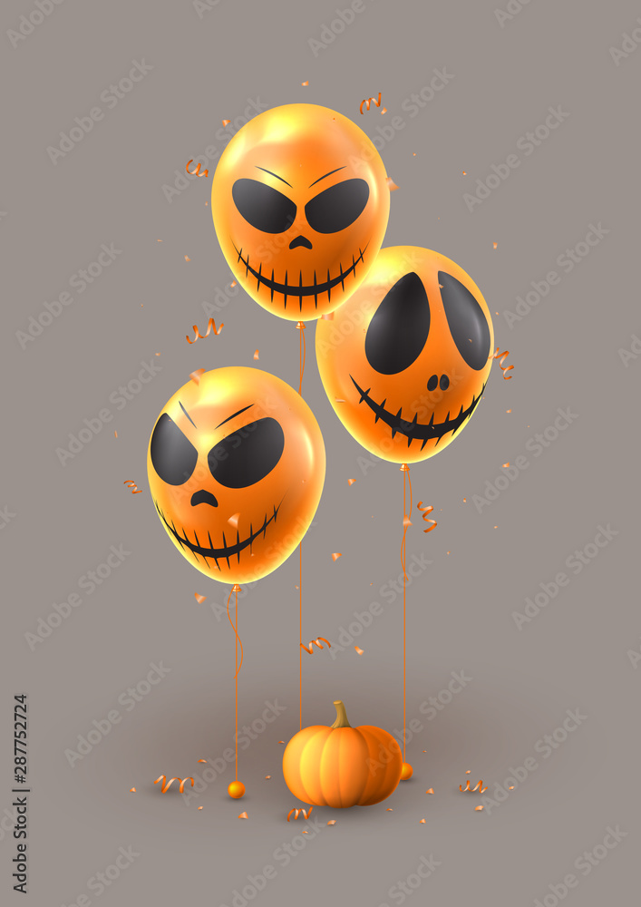 Obraz premium Happy Halloween holiday flyer. Vector illustration realistic orange air balloons with scary smiles. Halloween festive background with pumpkin and confetti.