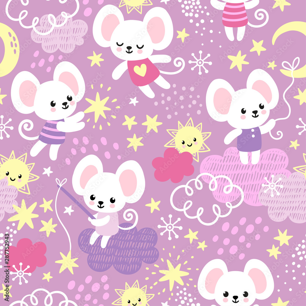 Vector seamless pattern with a cute little mouse who sits on the clouds.