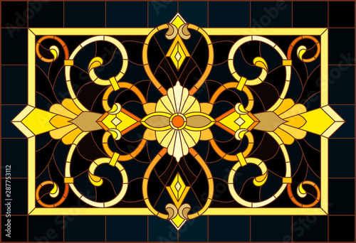 Illustration in stained glass style with floral ornament ,imitation gold on dark background with swirls and floral motifs