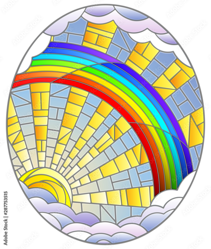 Obraz premium Illustration in stained glass style sun ,rainbow and clouds on blue sky background, oval image 