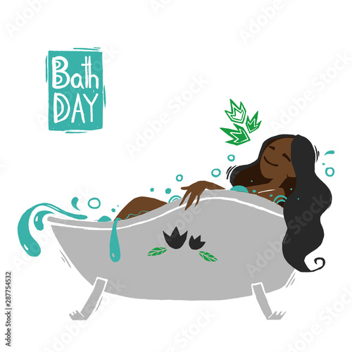 The black skin girl in a bath. Illustration about hygiene and caring for body. Cartoon flat style. Happy afro american character.