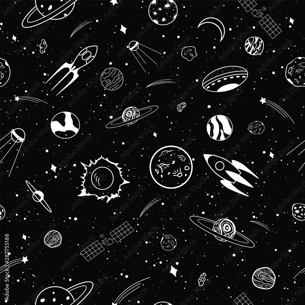 Seamless Collection of cartoons outer space objects set design over black background