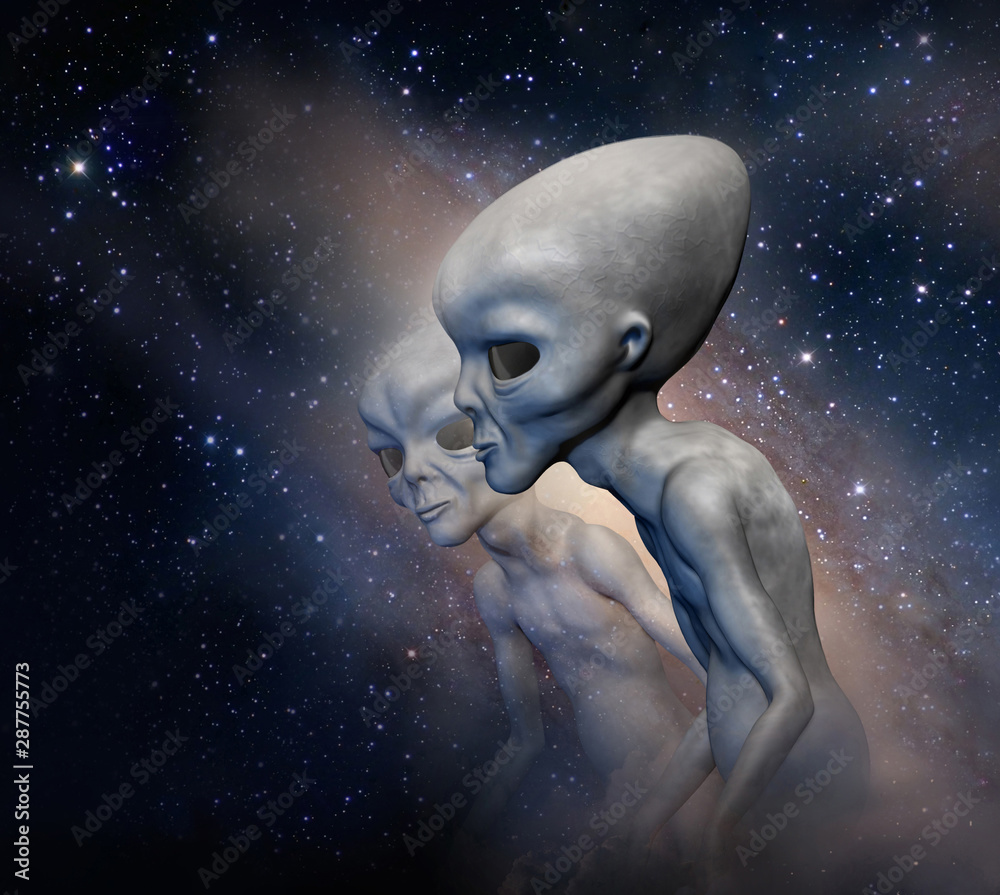 Two grey aliens on the background of the cosmos. 3 d illustration. Digital art.