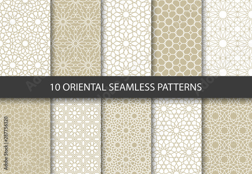 Vector set of 10 ornamental seamless patterns. Collection of luxury patterns in the oriental style. Patterns added to the swatch panel.