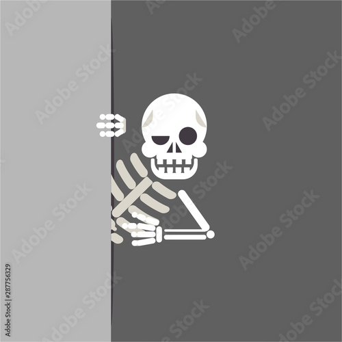 Skeleton cartoon bone support help consultation advice promotion looking out corner character halloween solution flat design vector illustration