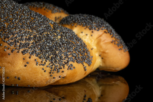 Closeup of one whole twisted poppy seed bun isolated on black glass