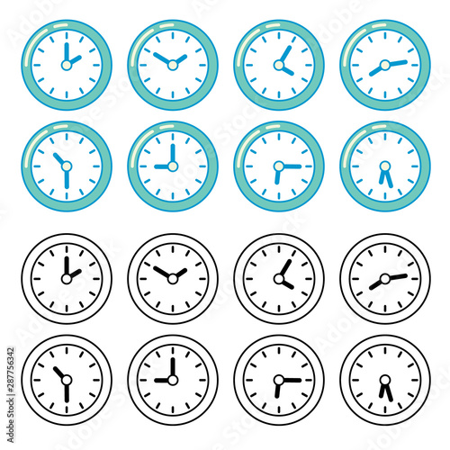 Colorful and black time icon set. Simple clock isolated on white background