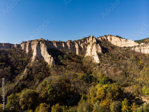 Aerial view to Melnik,the smallest town in Bulgaria with sand pyraminds and old house.