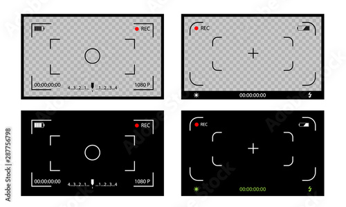 Set of camera frames. Transparent background. Interface viewfinder. Screen of video recorder digital display. 