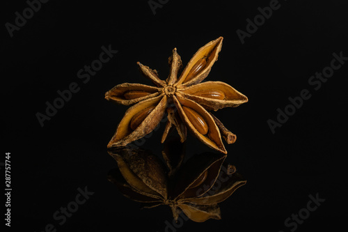 One whole dry brown star anise illicium verum isolated on black glass