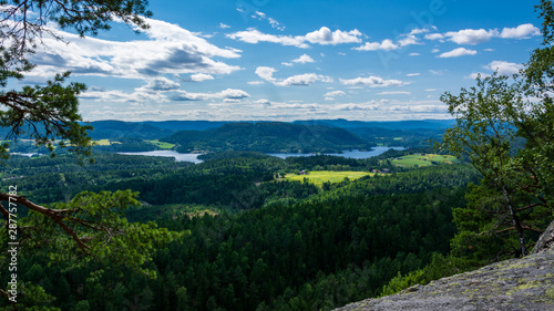 Beautiful scenic landscape, with lake Norsjo a central part of the Telemark Canal, fields, forest and blue sky, from the viewpoint Fantekjerringkollen, Skien, Norway