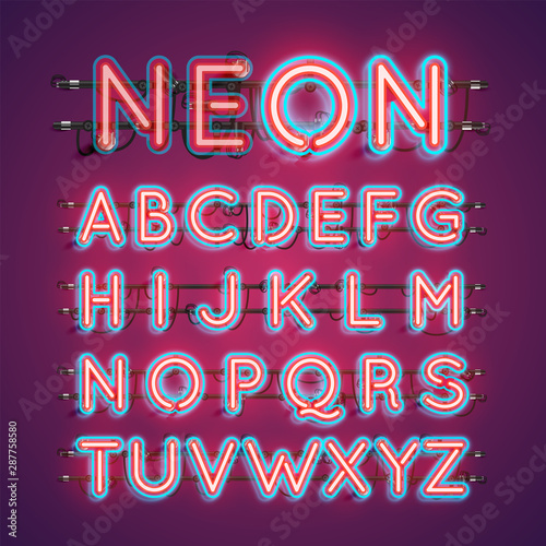 Two coloured double stroke neon character set, vector illustration