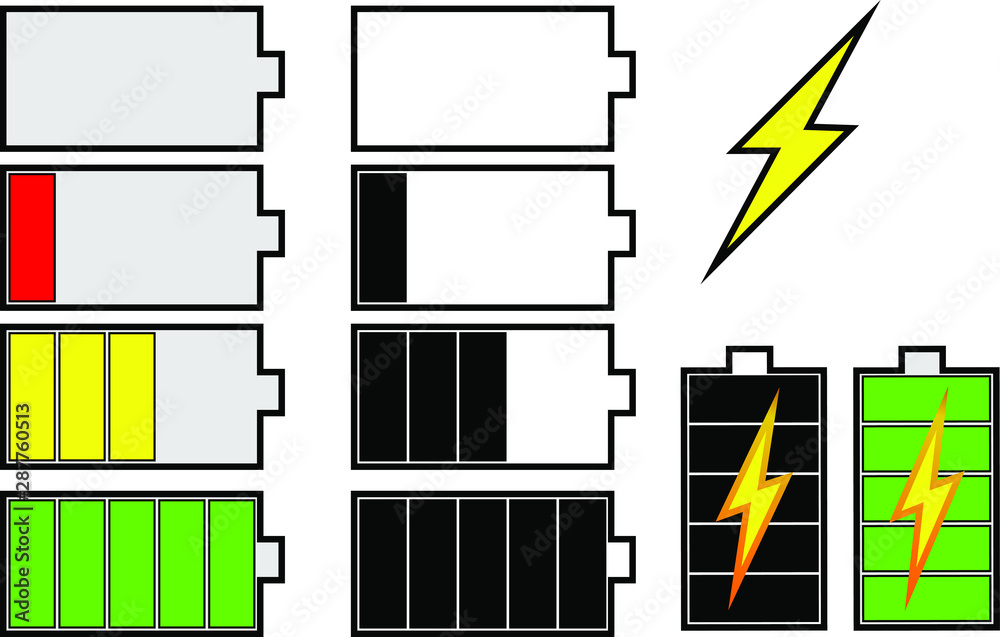 Battery Icons set isolated on white background. Vector illustration. Black and white and colored icons. Simple vector illustration. Eps 10.