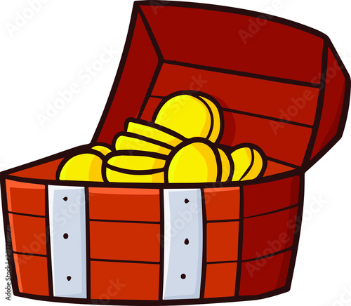 Cute and funny simple treasure box opened with gold coins in it. photo