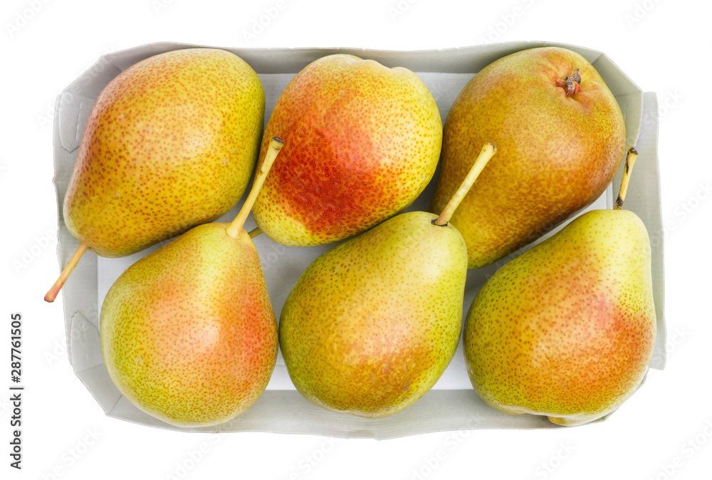 Pears in cardboard box isolated on white, overhead view Pears in cardboard box isolated on white, overhead view