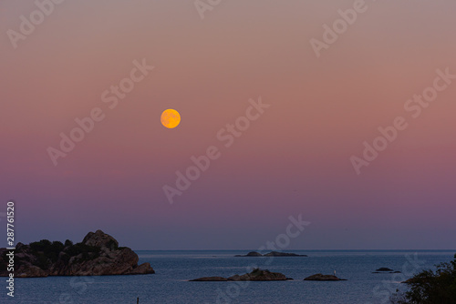 Moonrise over the ocean with cliffs in the foreground. photo