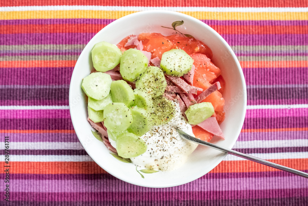 Salad of fresh cucumbers, tomatoes, beef, black pepper, sour cream, mayonnaise. Salad do not mix Salad of fresh cucumbers, tomatoes, beef, black pepper, sour cream, mayonnaise. Salad do not mix