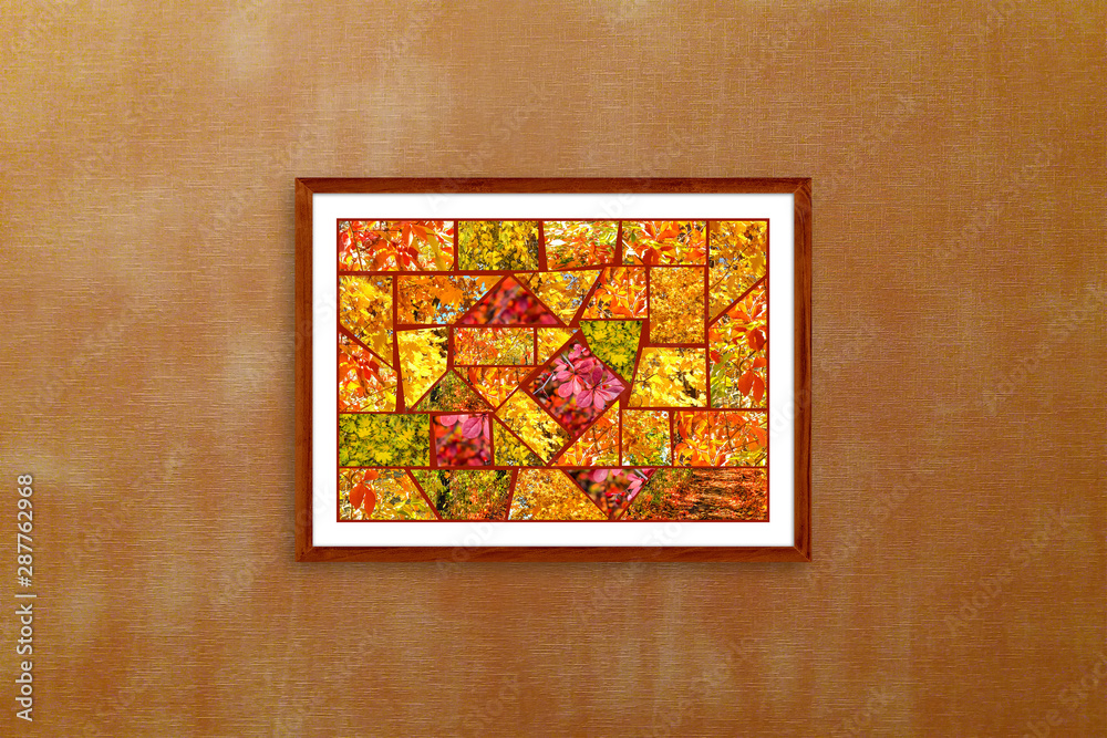 Fototapeta premium Frame with abstract design mosaic, made up of colorful autumn pictures collage on dark orange textured wall
