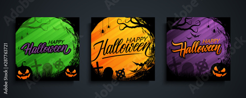 Halloween greeting cards set with circle brush stroke background, hand lettering text Happy Halloween and traditional holiday spooky symbols. Vector illustration.